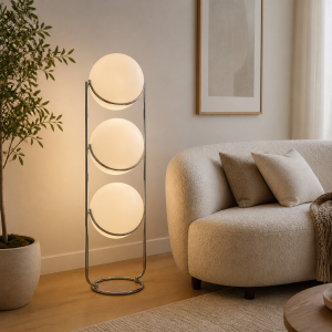 Modern Chrome Globe Floor Lamp with Acrylic Shades and Replaceable LED Bulbs