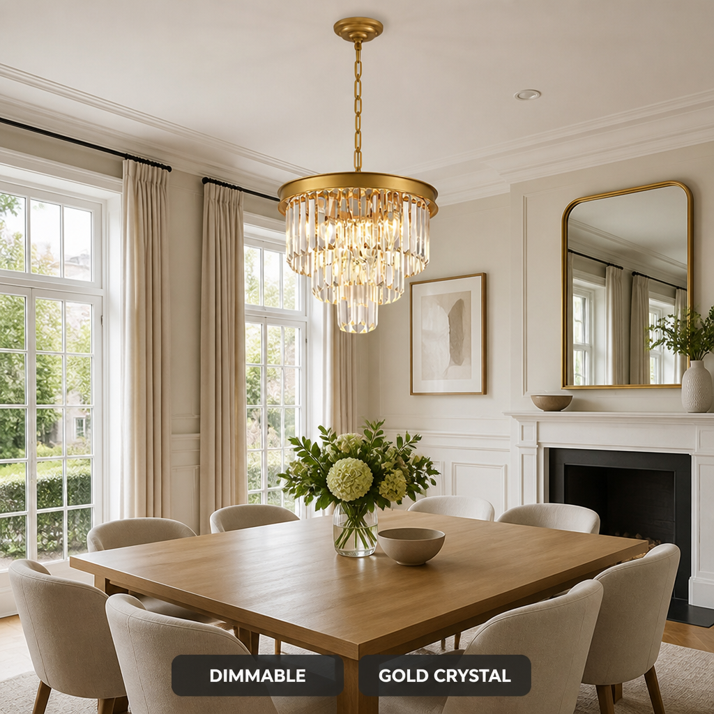 Modern Gold Crystal Pendant Light Dimmable Ceiling Fixture - Image 3