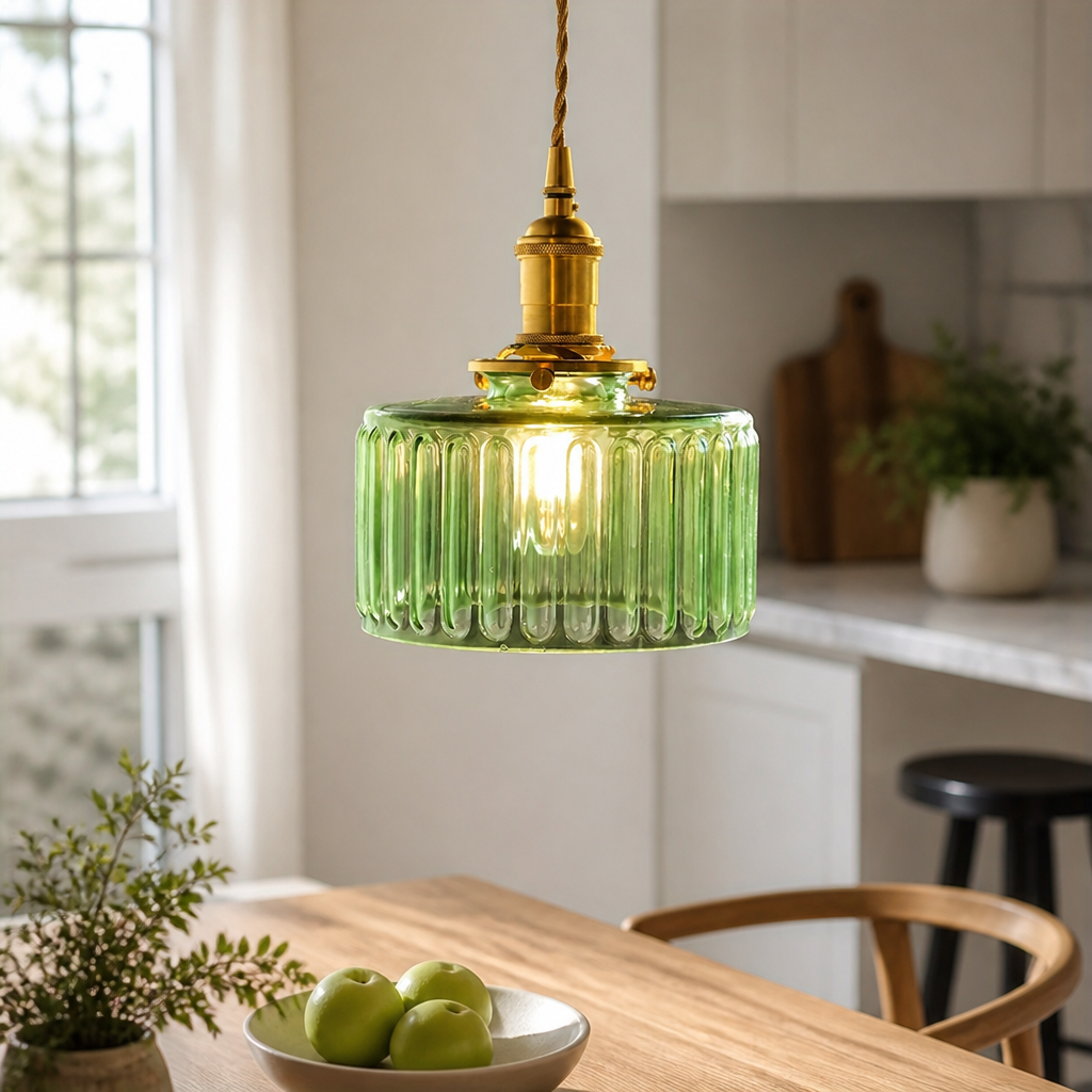 Vintage Green Glass Pendant Light with Olive Tinted Shade - Image 2