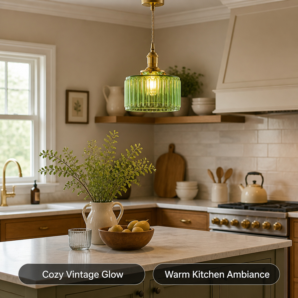 Vintage Green Glass Pendant Light with Olive Tinted Shade - Image 3