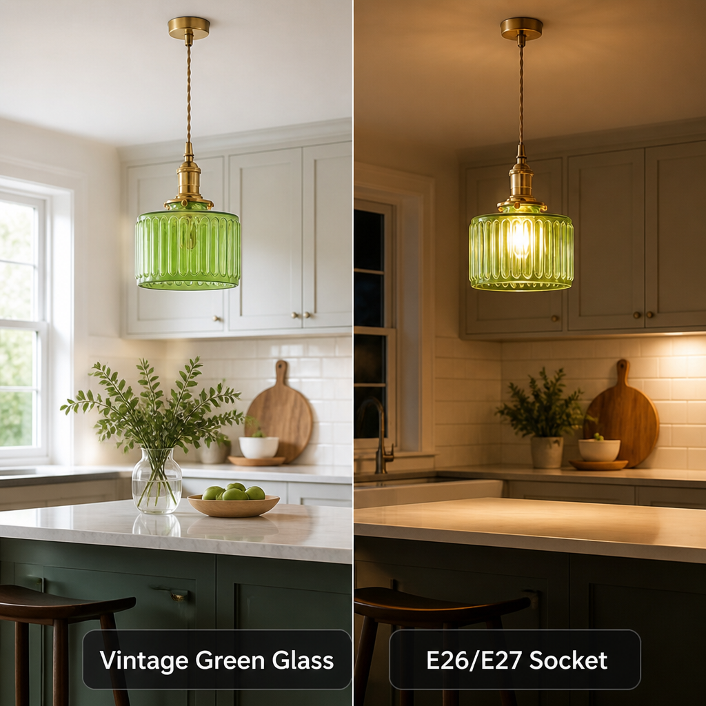Vintage Green Glass Pendant Light with Olive Tinted Shade - Image 4