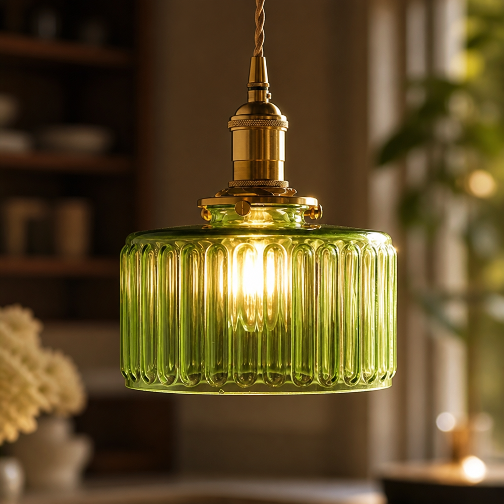 Vintage Green Glass Pendant Light with Olive Tinted Shade - Image 5