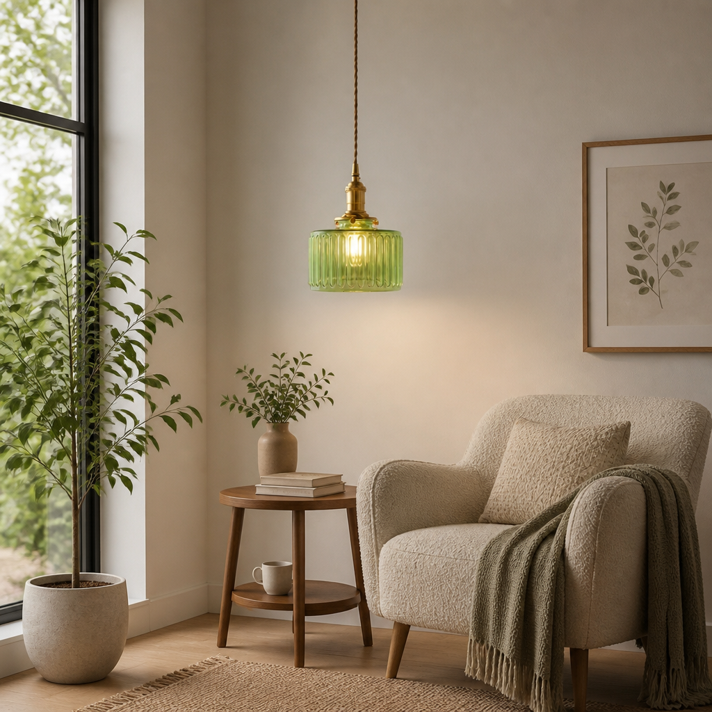 Vintage Green Glass Pendant Light with Olive Tinted Shade - Image 6