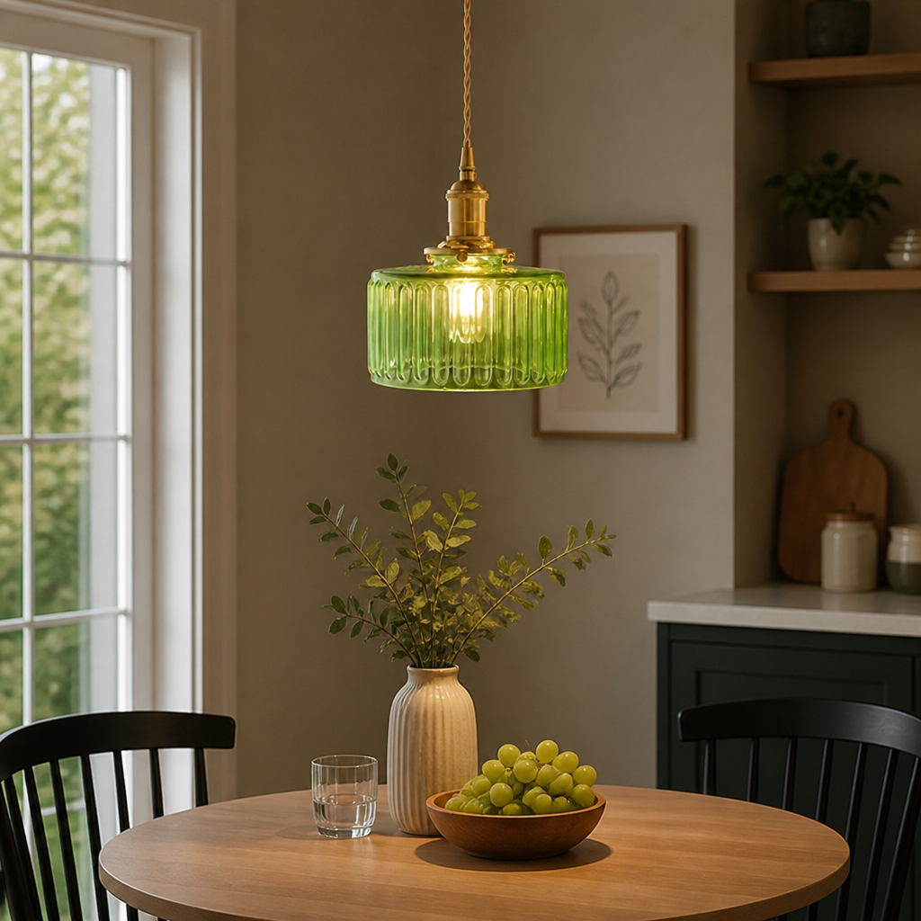 Vintage Green Glass Pendant Light with Olive Tinted Shade - Image 8